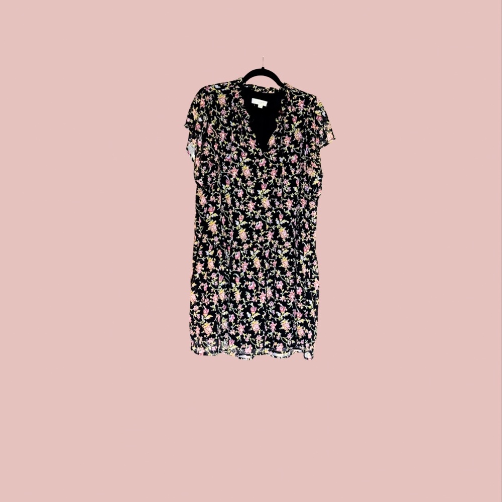 LOFT Petites Black Floral Mini Dress | Size LP | Sheer Overlay Boho